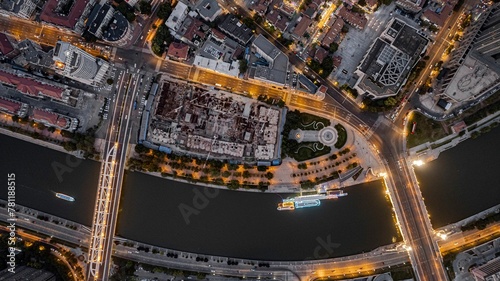 Bird's eye view of a river in a nighty city photo