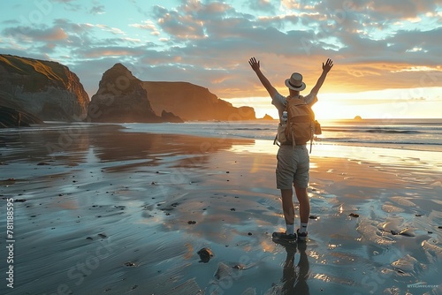 A happy traveler with arms raised in joy Back view of happy excited man raising arms up to blue sky - Hipster enjoying summer sunset at the beach - Travel, mental health, success, business, tourism