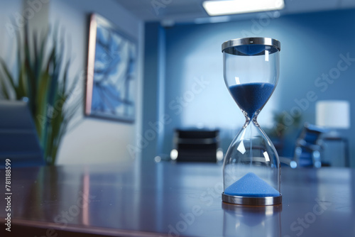 Hourglass counts down time on desk in office. Accounting for working hours. Time management concept