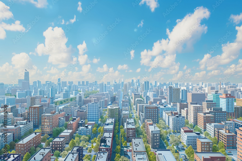 Fototapeta premium Aerial view of cityscape with high rise buildings under blue sky. Modern city downtown panorama