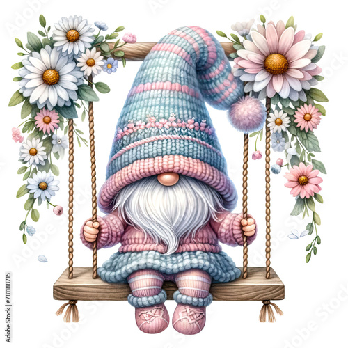 A whimsical gnome wearing a pastel-colored woolen outfit and hat, sitting on a swing adorned with white and pink daisies. The gnome's large hat covers