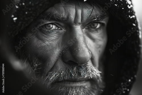 a close up image of a man wearing a hoodie