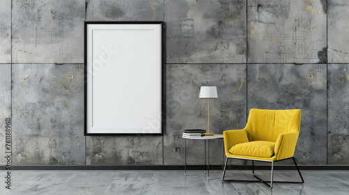 A black, empty frame hangs on a gray wall in a room with a yellow armchair.

