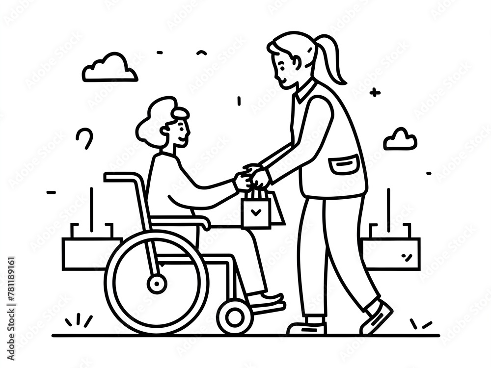  Illustration of a girl is giving a gift to a disabled woman