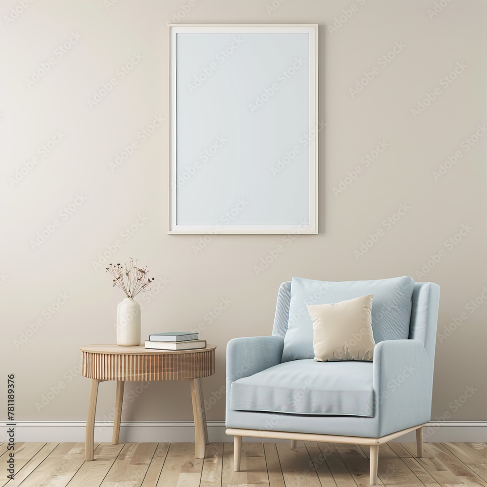 Fototapeta premium Frame mockup on a beige wall in a room with a blue armchair