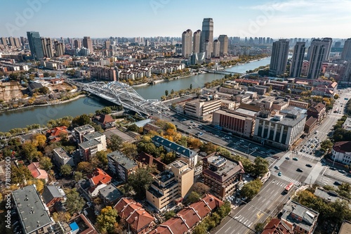 Aerial photo of coastal cities along the Haihe River Scenic Line in Tianjin, China photo