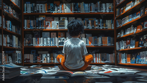 a man sits in front of a book shelf with the number 1 on it.