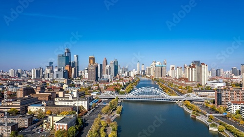 Aerial photo of coastal cities along the Haihe River Scenic Line in Tianjin  China