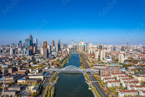 Aerial photo of coastal cities along the Haihe River Scenic Line in Tianjin, China © Wirestock