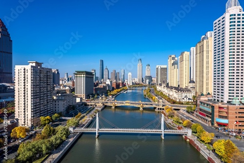 Aerial photo of coastal cities along the Haihe River Scenic Line in Tianjin  China