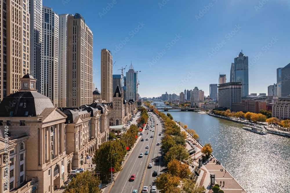Fototapeta premium Aerial photo of Haihe River Scenic Line of Tianjin, a riverside city in China