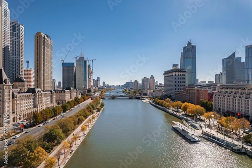 Aerial photo of Haihe River Scenic Line of Tianjin, a riverside city in China photo