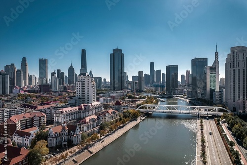 Aerial photo of Haihe River Scenic Line of Tianjin, a riverside city in China
