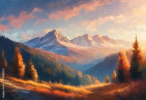 AI generated illustration of autumn-hued trees adorn a snow-capped mountain in a painting photo