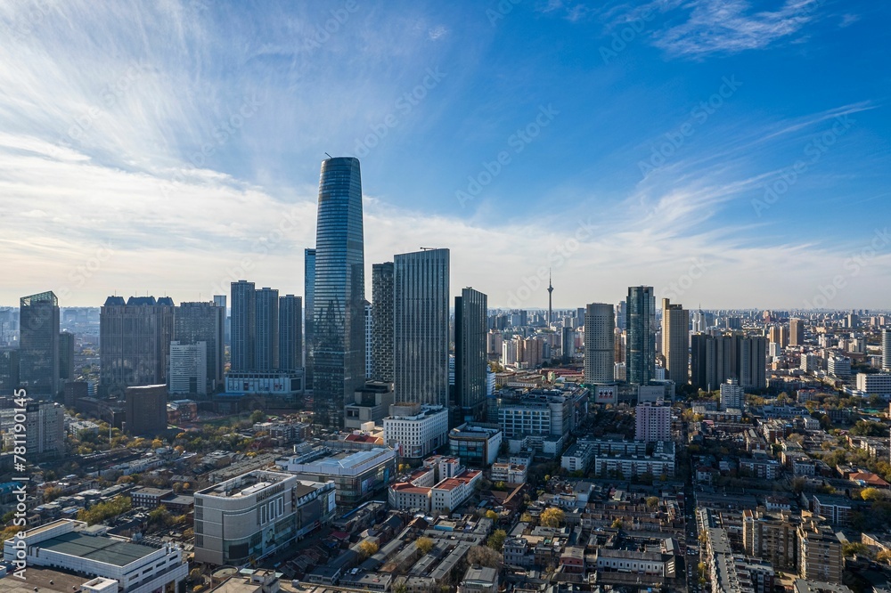 Fototapeta premium Aerial view of cityscape Tianjin surrounded by buildings