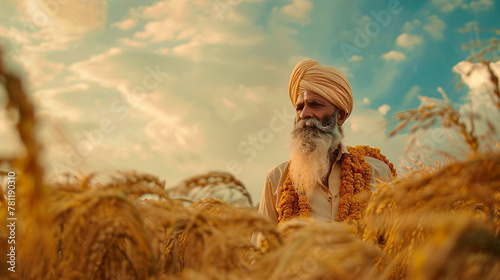 A punjabi farmer standing in a paddy field. photo