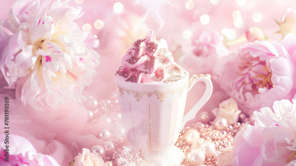 Mug of dessert decorated with cream on top on a pink background with flowers
