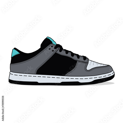 Black, gray, and blue low-top basketball sneakers isolated on white	