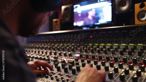 someone working on a sound mixer while on the screen looks at the microphone