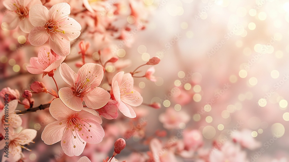Delicate Cherry Blossoms, Soft Pink Hue, Glowing Bokeh Background