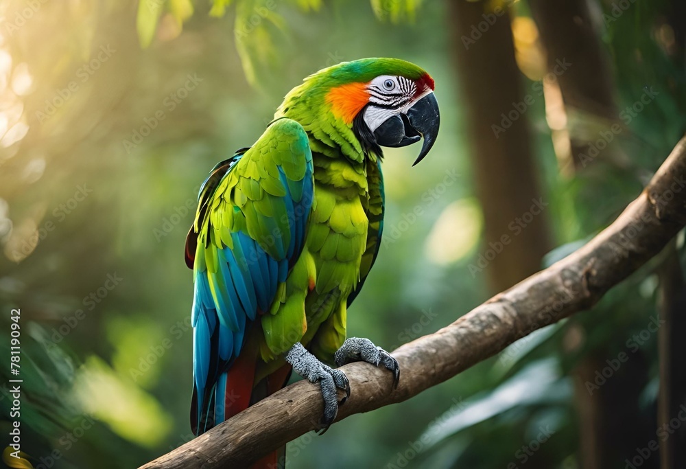 a parrot sitting on top of a tree branch next to some trees