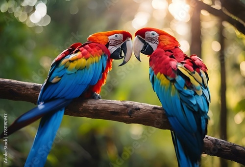a couple of parrot standing on top of a tree branch © Wirestock