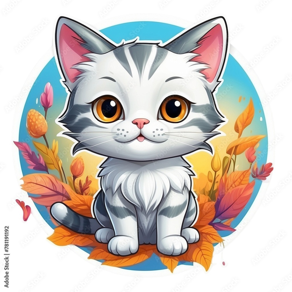 AI generated illustration of a gray cat sitting on autumn leaves
