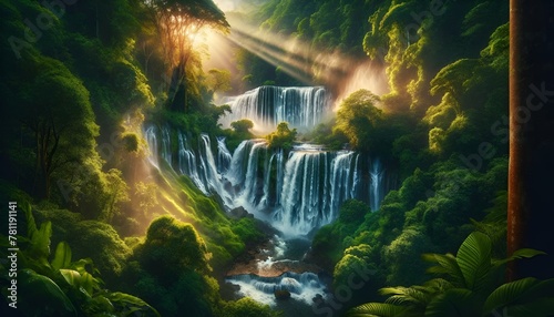 a beautiful waterfall is shown surrounded by lush trees and sunlight