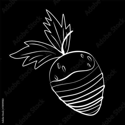 Strawberry with leaves decorated with chocolate. Vector sketch white line on black background. Stylized sketch drawing with chalk on blackboard. Design of restaurant, menu, cafe, store