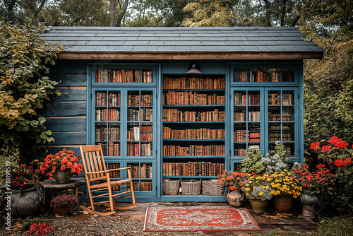AI generated illustration of a wooden shed filled with books and flowers photo