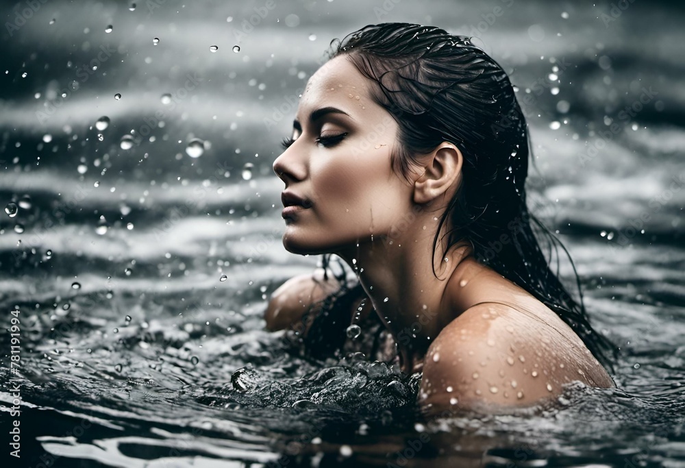 AI-generated illustration of a young woman swimming in the water during rain