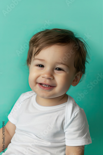 Cute little boy on mint background 