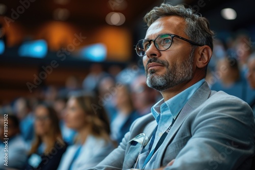 A surgeon stands confidently on stage at a medical conference, sharing insights and advancements in the field, poised to inspire and educate fellow professionals.