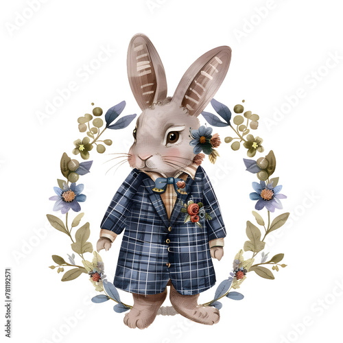 Adorable stylized digital Water Color Painting of a cute bunny dressed in a blue plaid suit with floral decorations photo