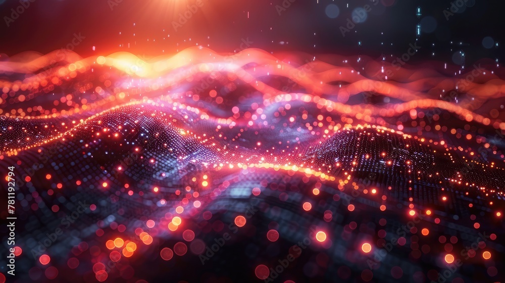 Fototapeta premium A digital network visualization with interconnected lines and glowing nodes, symbolizing complex data connections in cyberspace.