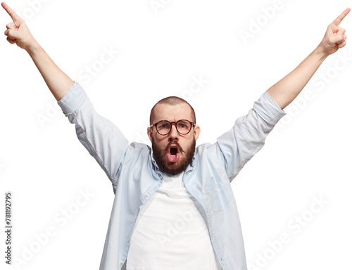 Winning and success. Happy man celebrating victory. Dynamic image of Caucasian man showing success and happiness isolated on transparent background. Concept of human emotions, facial expression photo