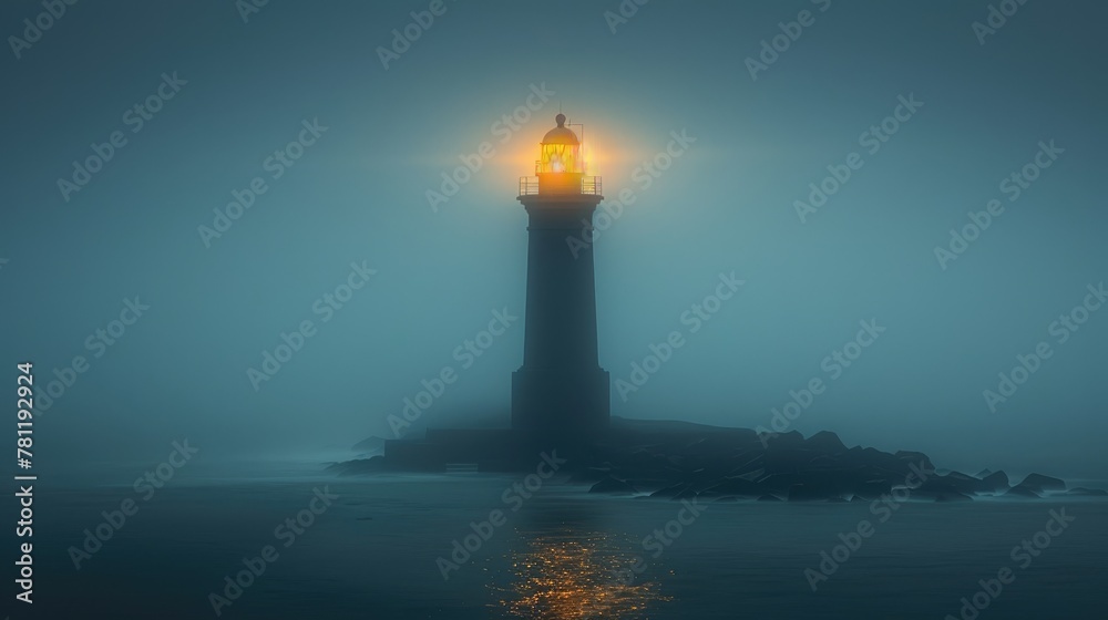 A serene lighthouse stands amid a foggy seascape, its beacon glowing warmly against the misty twilight atmosphere. Generative AI