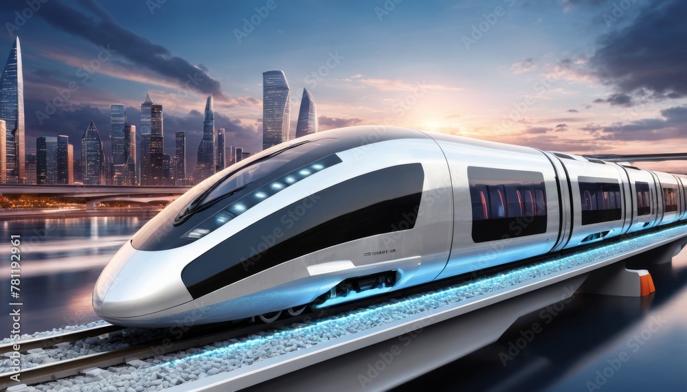A sleek, futuristic train speeds along on a maglev track against a backdrop of a vibrant city skyline at dusk, symbolizing cutting-edge transportation technology.. AI Generation