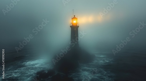 A serene lighthouse stands amid a foggy seascape, its beacon glowing warmly against the misty twilight atmosphere. Generative AI
