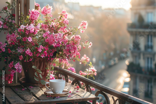 A balcony from a building in a Paris street, with a coffee mug on a table and pink flowers