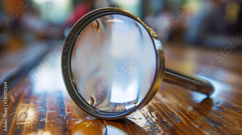 Close-Up View of a Magnifying Glass on a Wooden Table in Natural Daylight photo