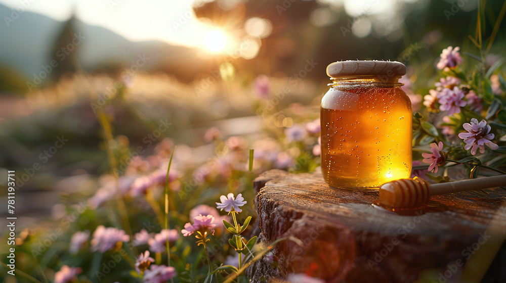 honey in a glas with a flower field in the background honey in a glas with a flower field in the background