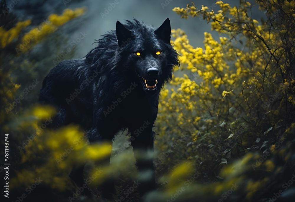 AI-generated illustration of a black wolf with glowing yellow eyes ...