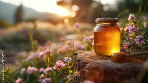 honey in a glas with a flower field in the background photo