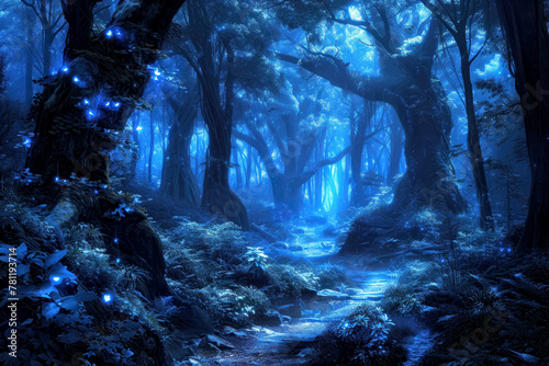 AI-generated illustration of a brightly lit blue enchanted forest at night with glowing trees