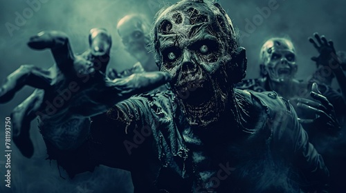AI-generated illustration of a menacing horde of zombies gathering in the darkness