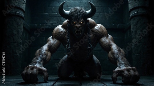 AI-generated illustration of a chained beast resembling Minotaur pictured in a dark setting photo