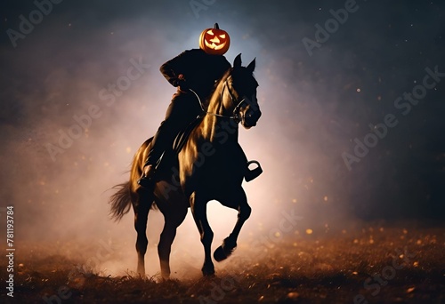 AI-generated illustration of the headless horseman donning a jack o' lantern headdress