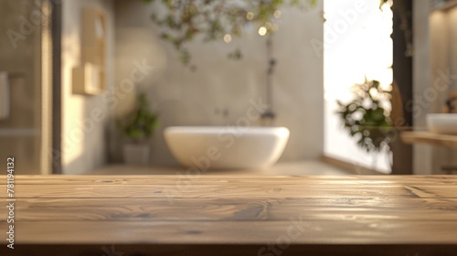Wooden table with bowl in bathroom