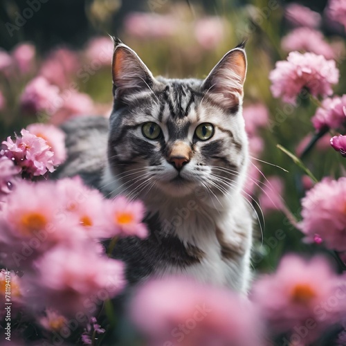 a cat sits in a field of purple flowers and stares